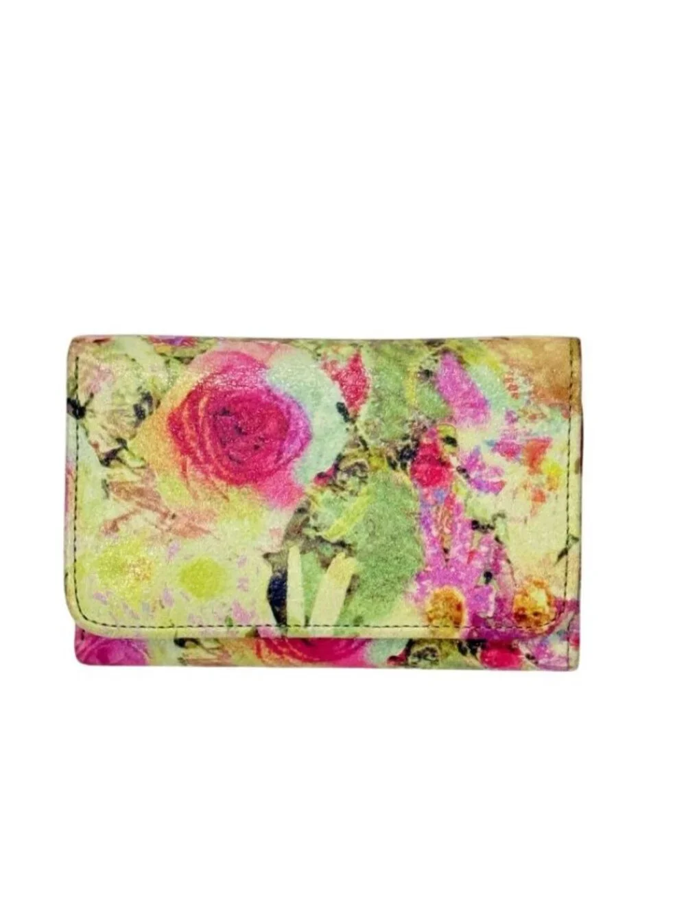 Hobo The Original Floral Trifold Wallet 100% Leather Exterior Cotton Interior